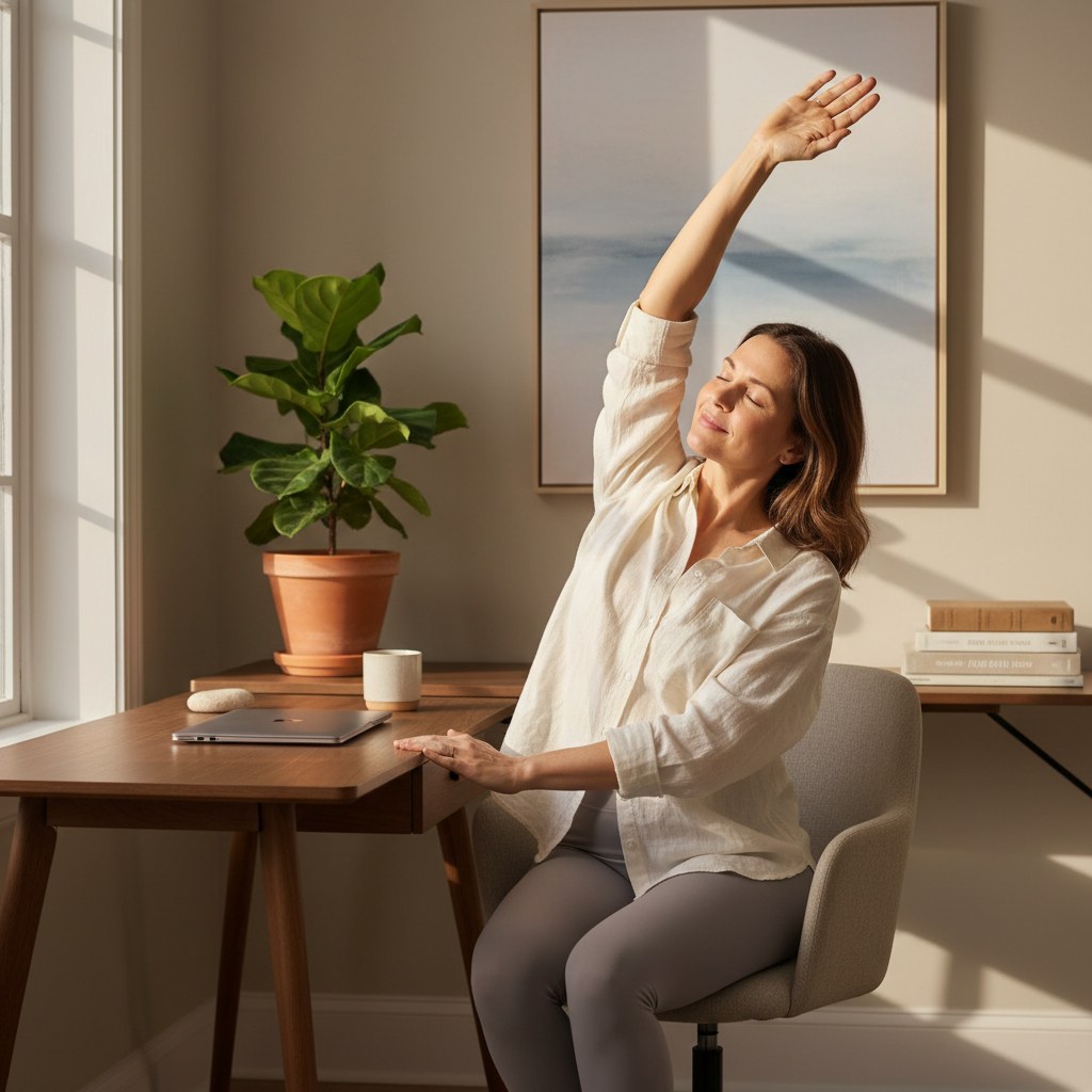 Adult performing a gentle seated back stretch in a sunlit Knoxville home office